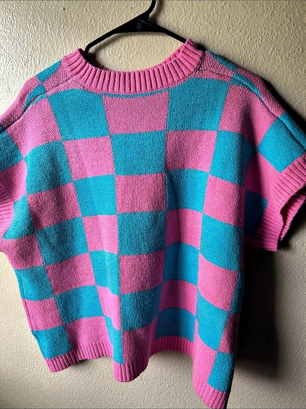 Checkered Short Sleeve Sweater in Pink & Blue